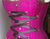 Overbust Retro Corset Magenta beading and black satin ribbon BUY NOW size 22 inch From ExRezCorsets