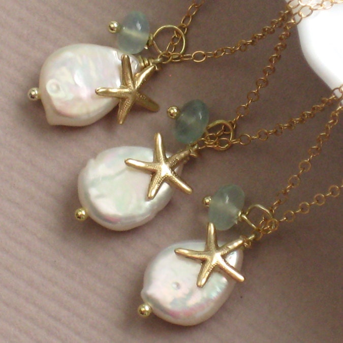 Bridesmaid Jewelry Gift Set - 3 Beach Necklaces - White Coin Pearl, Chalcedony drop and Starfish Charm in 14k Gold fill