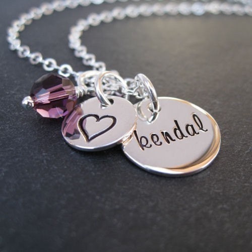 Hand Stamped Jewelry - Sterling Silver Necklace - Personalized Disc Charms - Birthstone or Pearl