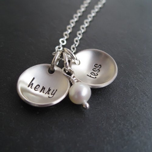 Personalized Name Necklace - Hand Stamped Jewelry - Sterling Silver Charms - Domed Discs - Mommy or Mother's