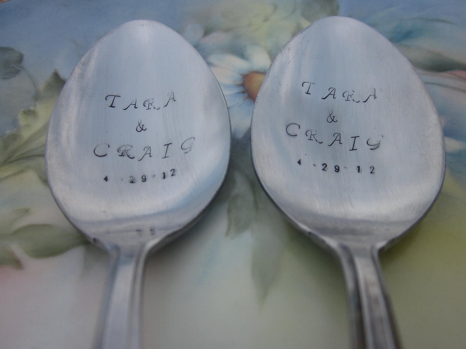 Wedding names and dates. Dessert spoons, coffee, tea spoons SET OF TWO Personalized handstamped spoons