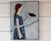 Original Acrylic Portrait Figure Painting Girl holding bird in hand  - On a Cold Winter Day