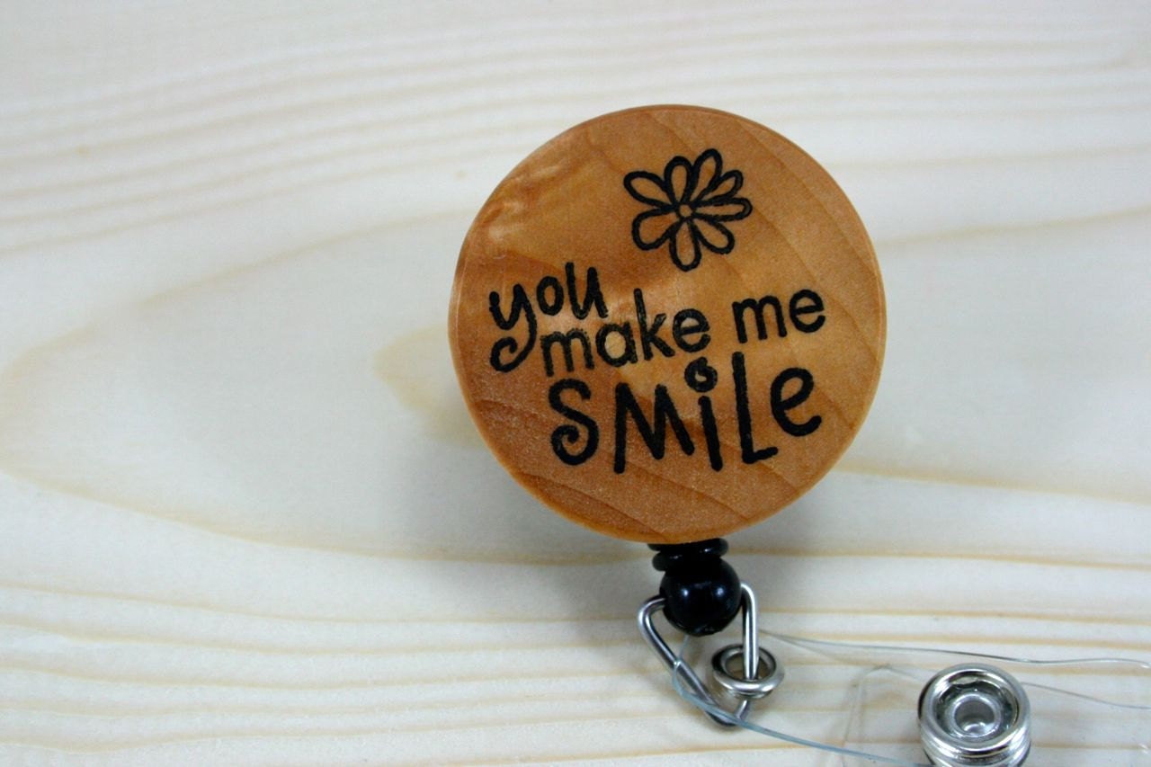 Badge Reel Badge Holder Retractable ID Badge Holder - Natural Wood - Smile