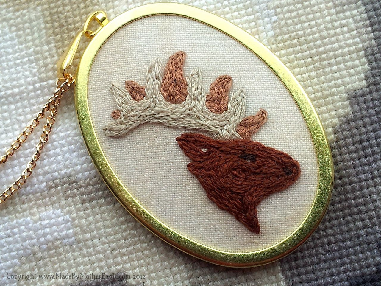 Stag Head Pendant, Miniature Hand-Embroidery