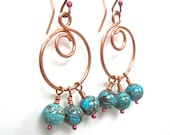 Boho Long Earrings Blue Sky Jasper Dangle Drops  on Copper Hoops