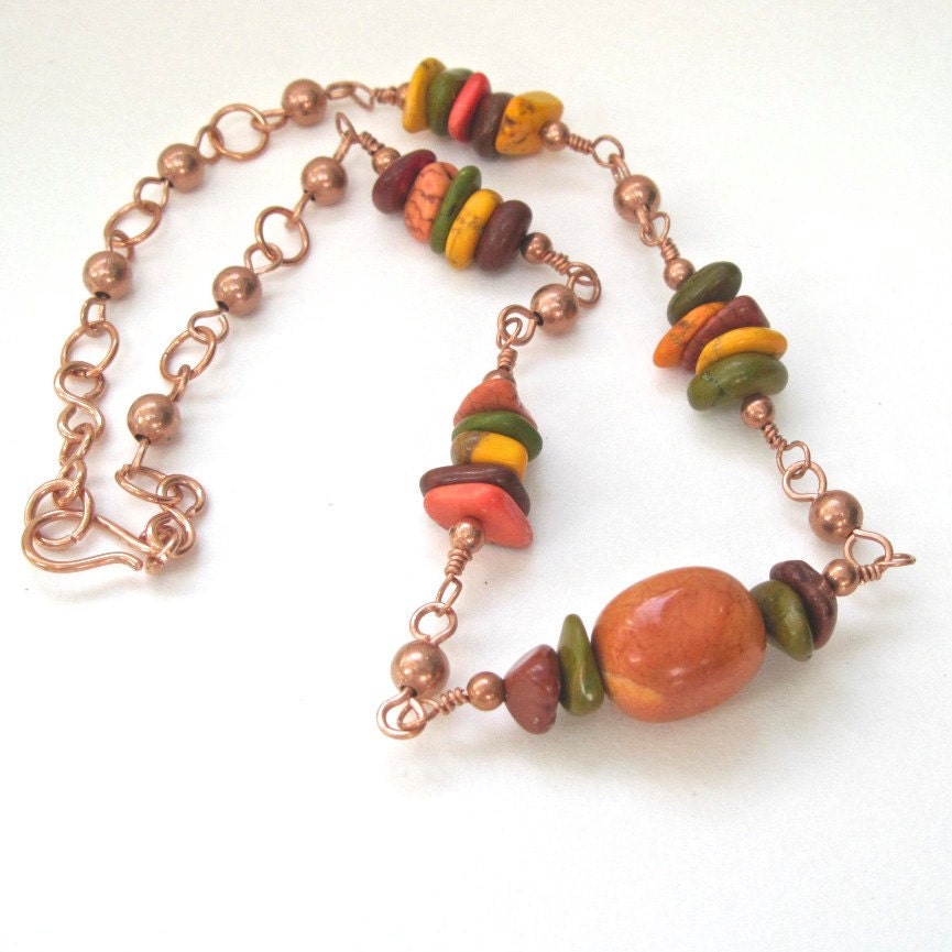Citrus Colors Necklace Orange Nectarine Tangerine Olive Gemstones, Beaded Copper Chain