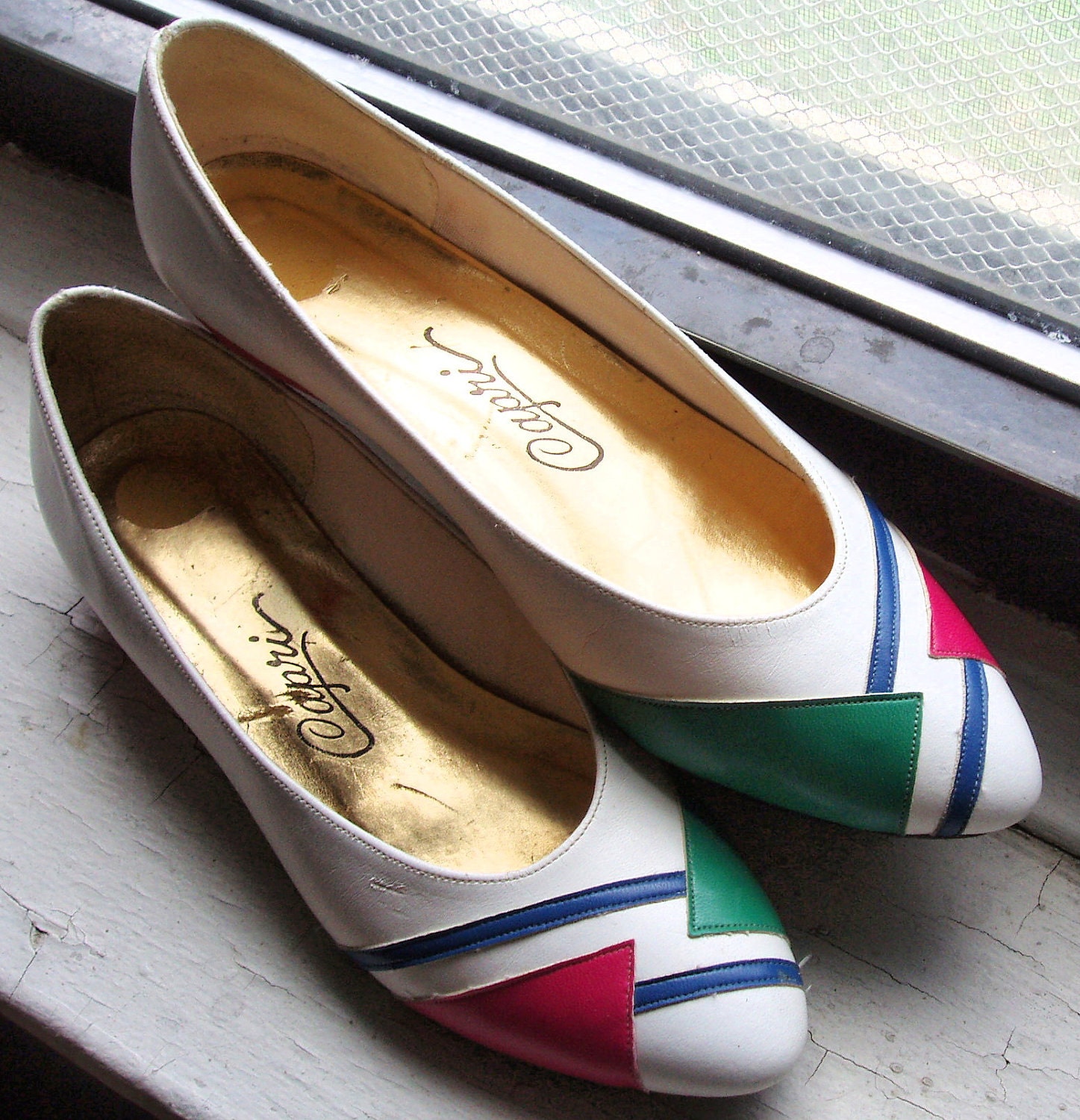Vintage Shoes, 1980s Colorful New Wave Capri Flats, Size 7, White with Green, Pink and Blue