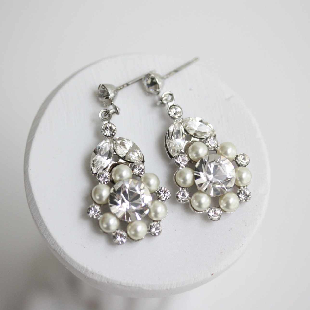 Pearl Bridal Earrings, Dangle Wedding Earrings, Small Pearl and Rhinestone earrings, Wedding Jewelry, CLASSIC PARIS