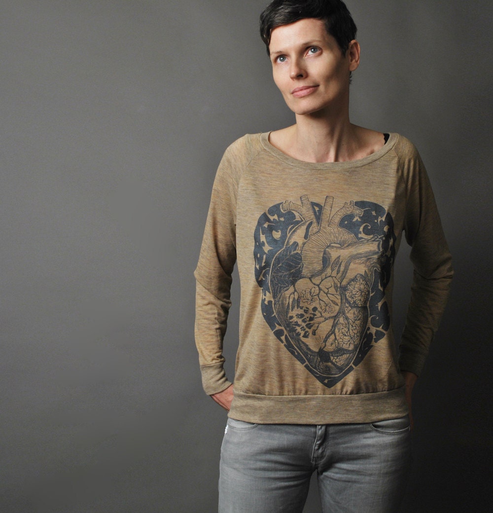 SALE -- Slouchy Pullover Shirt - Fall Fashion - Camel Heather Alternative Apparel Shirt - Metallic Anatomical Heart Motif Print