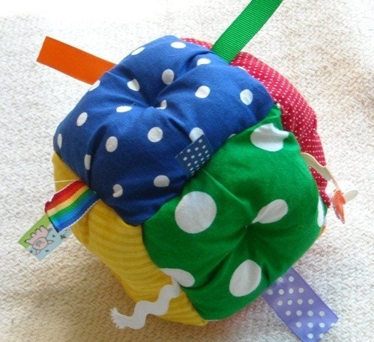 BEST SELLER - Baby Boy OR Girl Rainbow Soft Block Toy with Rattle Ribbon Sensory Jumble Ball - WoodPondDesigns