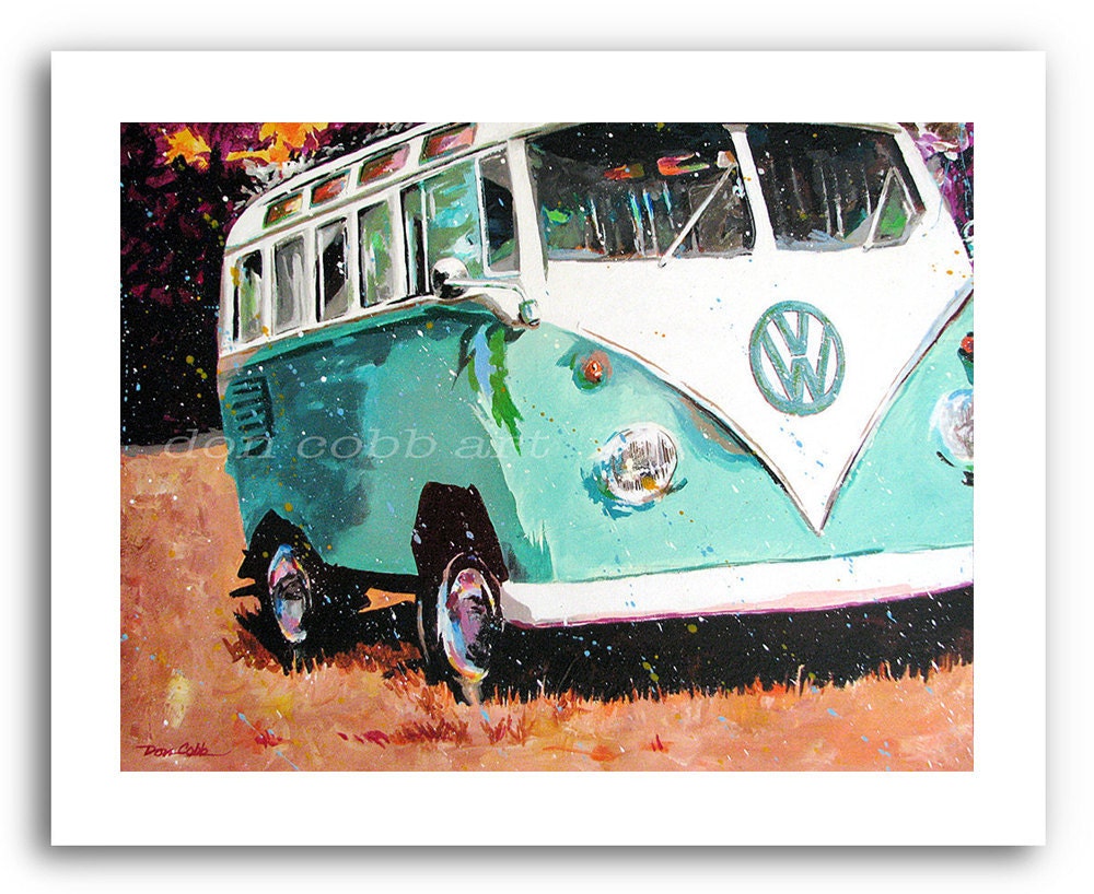 VW Volkswagen 11x14" Fleur de Lis Bus Art "Turquoise Weekend" Signed and Numbered