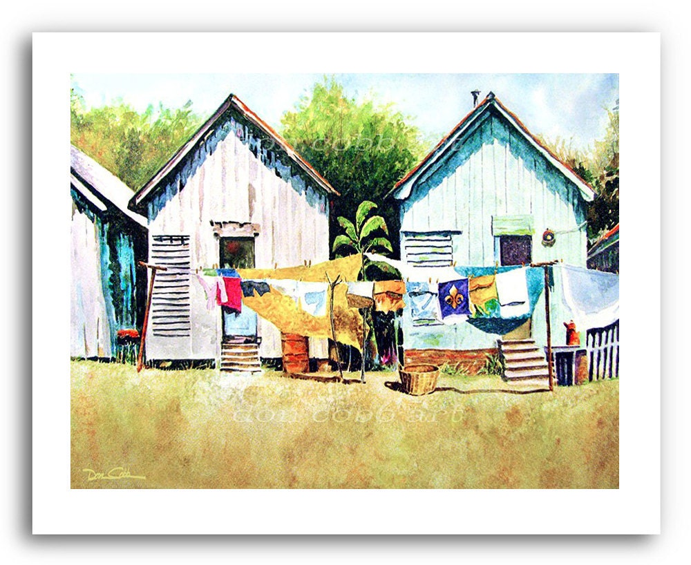 Fleur de Lis Folk Art Clothesline "Louisiana Wash Day" 11x14" Art Print
