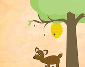 Woodland Nursery Art - 'The Camping Trip - Out For a Stroll' in Peach and Brown 6x6 Art Print with Deer and Bumble Bees