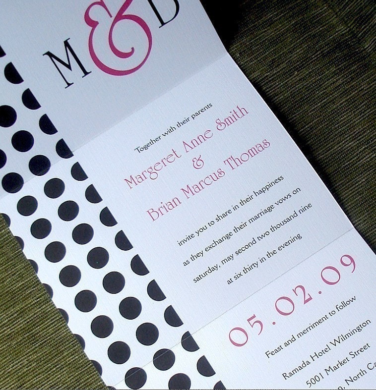 Black and Pink Modern Polka dot seal and send linen wedding invitation. baby shower, bridal shower, christening, bat mitzvah