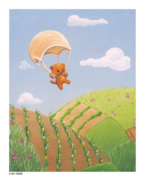 Land - Cute Cat and Parachute 8x10 Print by Geri Shields