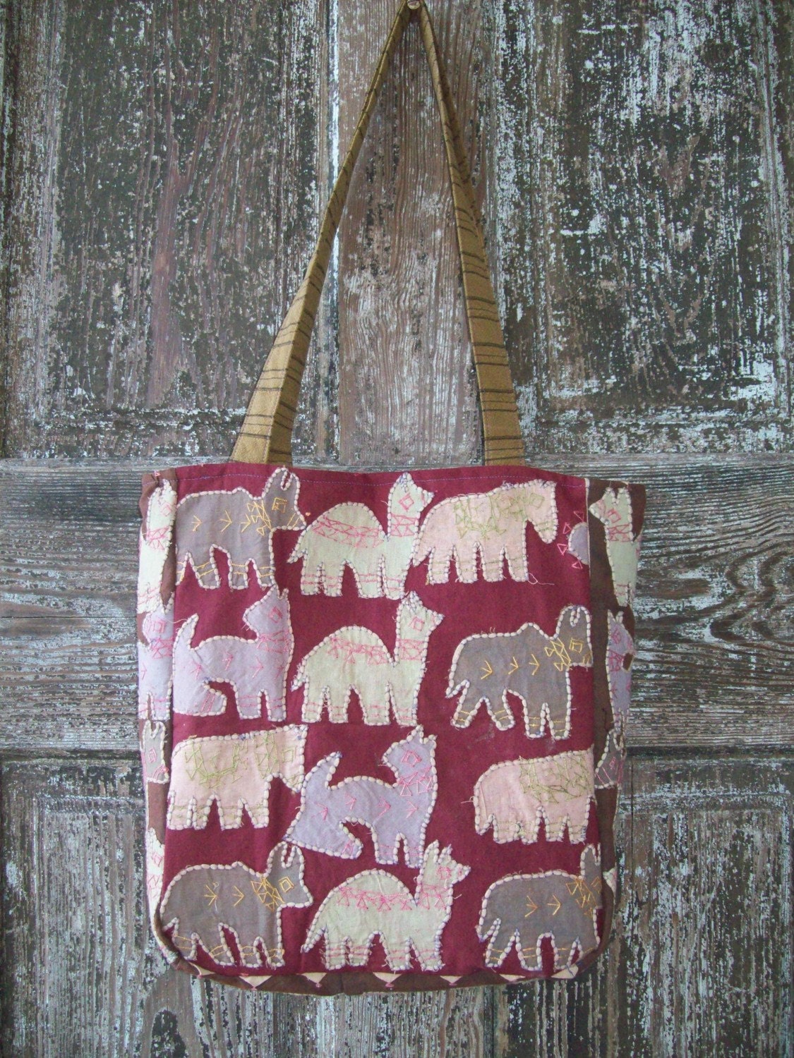 COUPON CODE SALE Over The Shoulder Bag Upcycled Vintage Hand embroidered fabric with animal appliques one of a kind