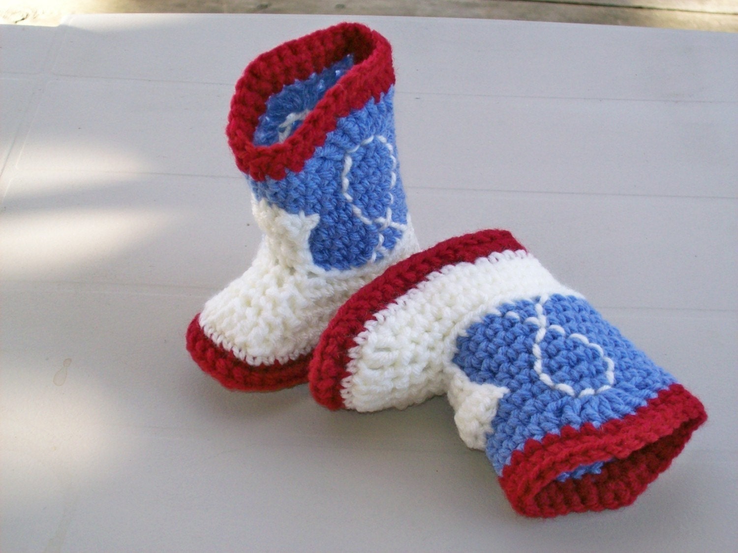 Cowboy Baby Booties  Burgundy & Faded Denim Crochet Western Booties  PLEASE SPECIFY SIZE