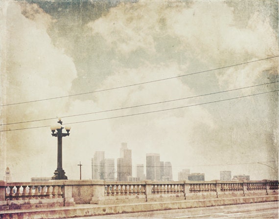 LA photography, downtown Los Angeles skyline photograph, June Gloom, grey skies industrial dark city, bridge, loft decor neutral for him