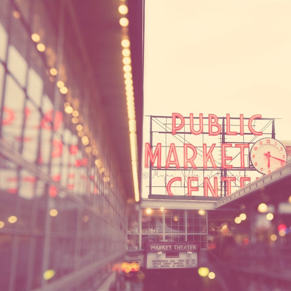 Seattle photography, Pike Place Market, Elliott Bay, photo of downtown Seattle Washington, travel landmark, bokeh, red retro sign