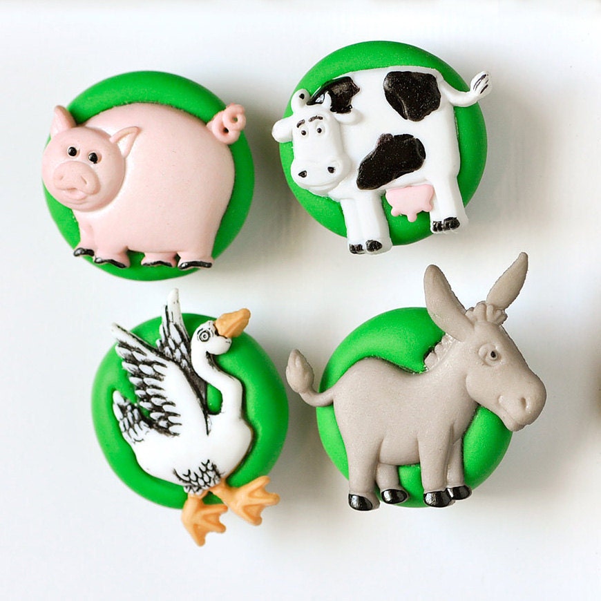 Farm Magnets Gift Set of 4 Pig, Donkey, Goose and Cow in Grass Green Polymer Clay for Spring Kid's Room Decoration