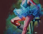 Pastel Drawing of Ballerina in Blue - Large Fine Art Reproduction - "Tutu and Boots"
