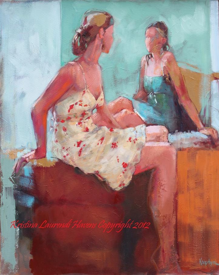 Girlfriends Wearing Sundresses Original Oil Painting "The Conversation" Fine Art