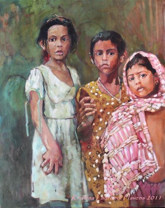 Original Oil Painting of Children of Bangladesh Portrait Art