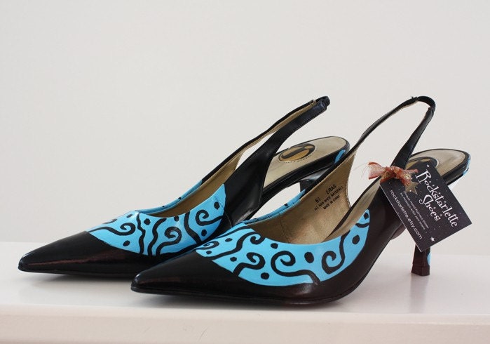 Baby Blue Swirl, Hand Painted Womens Heels Size 6.5, ON SALE 20% OFF