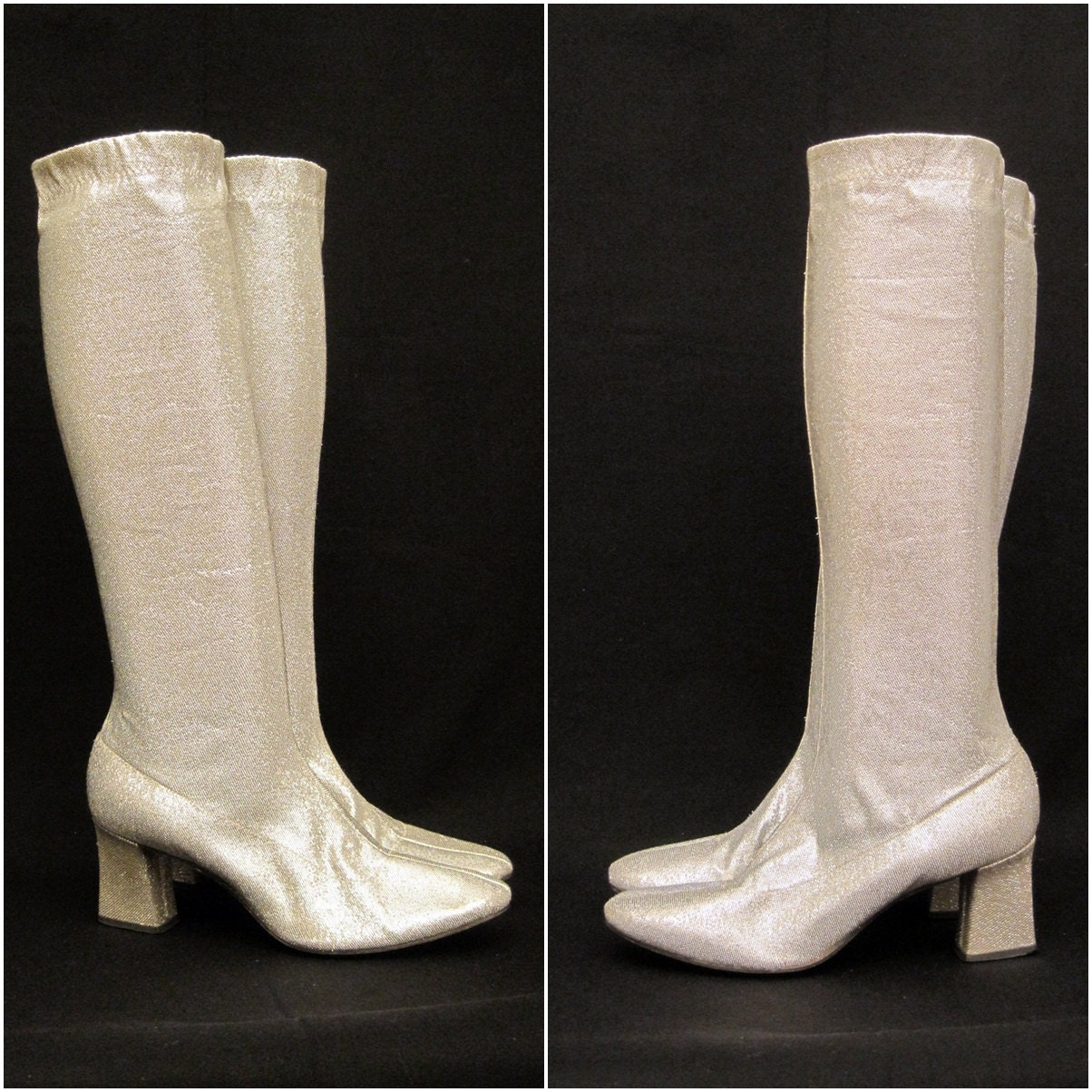60s Boots Vintage Go-go Silver Sparkly Knee High Stretch Space Boots 7