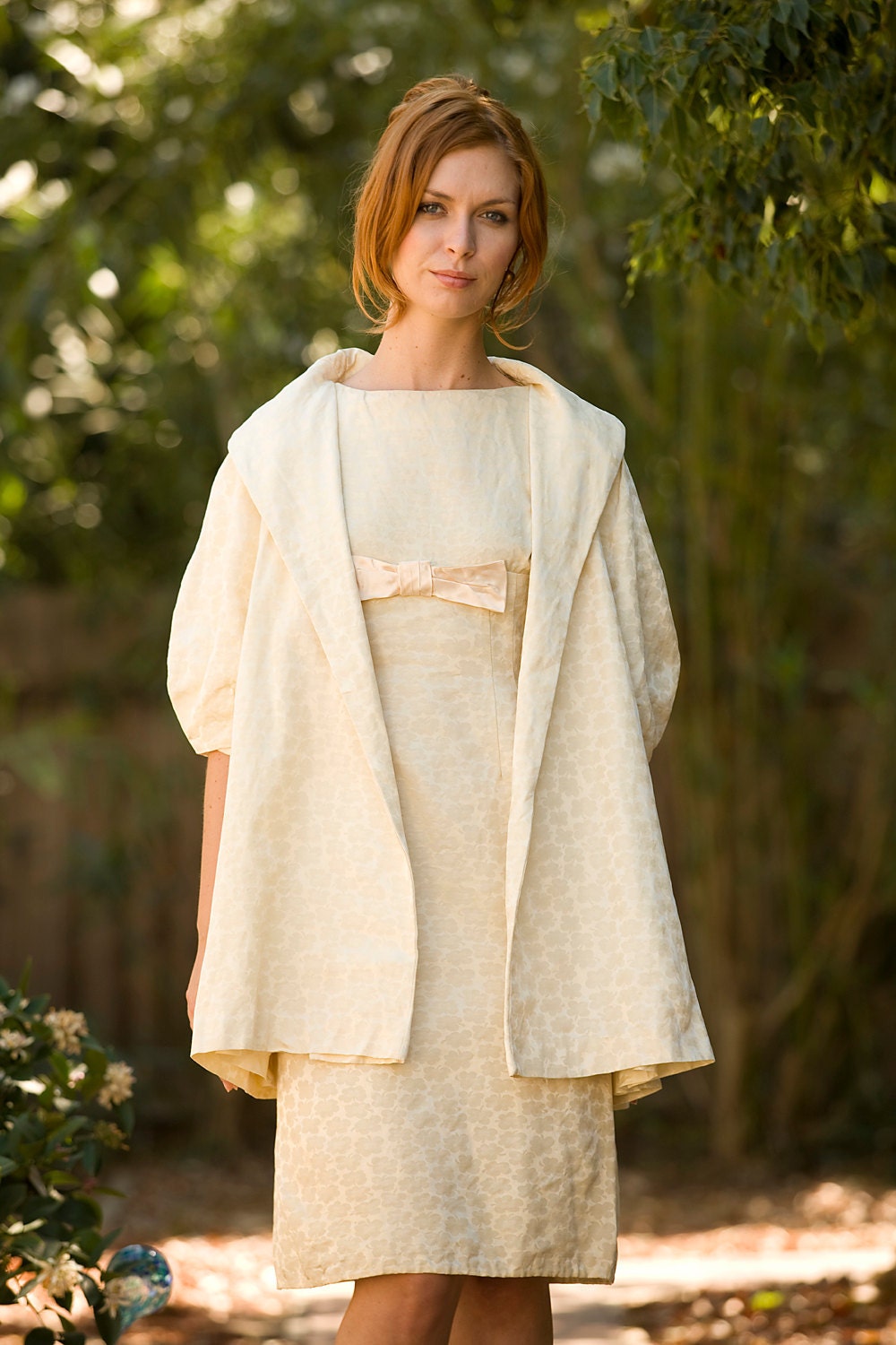 On hold for Atriazi / CREAM jacquard 1960's shift dress with matching cocoon coat WEDDING