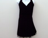 Vintage Black Velvet Cocktail Dress / Party Fashion / Sweetheart Neck Black Tulle Net Rhinestones / 80s Betsy and Adam / Made in US / SZ 18