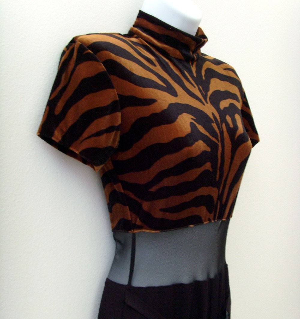 Vintage Tiger Print Jumpsuit / Black Mesh Midriff / Brown Black Temptress Print Velvet / 1980s Cache Fashion / Size 4 / Made in USA