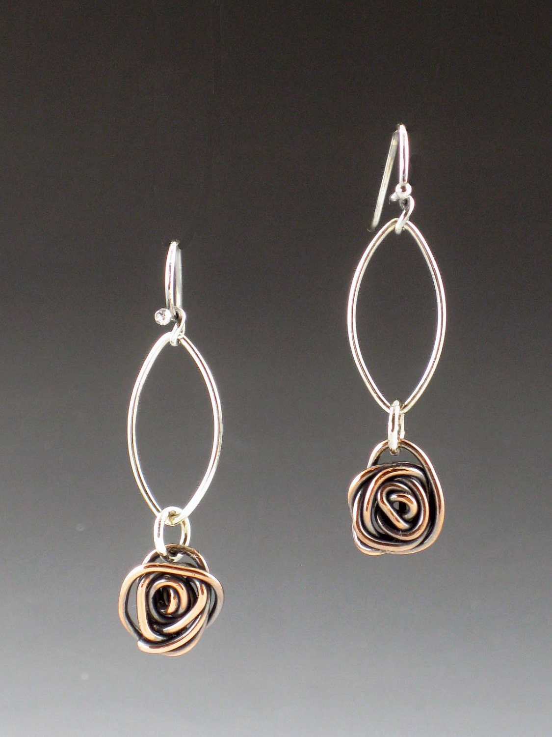 Oxidized Sterling Silver and Copper Rose Earrings