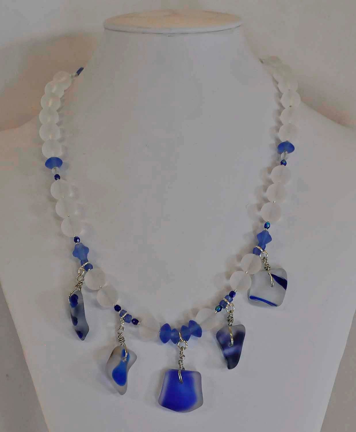 Beautiful shades of cobalt and med. Blue art beaded sea glass necklace and earring jewelry set
