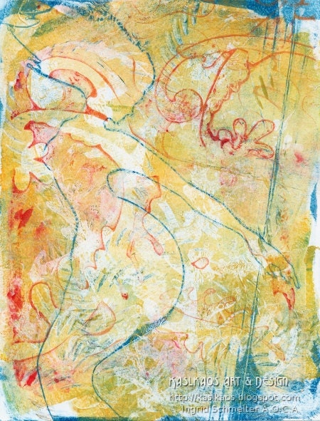 Mermaid Art Deco Abstract Fine Art Original Monoprint