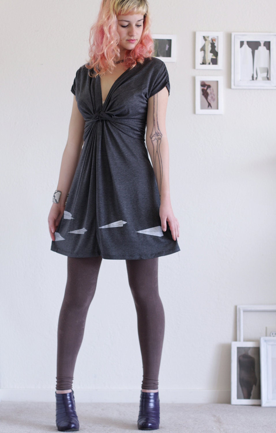 Handmade Chacoal Gray Jersey Plus Size V-neck Party Dress - Paper Airplanes - size XL