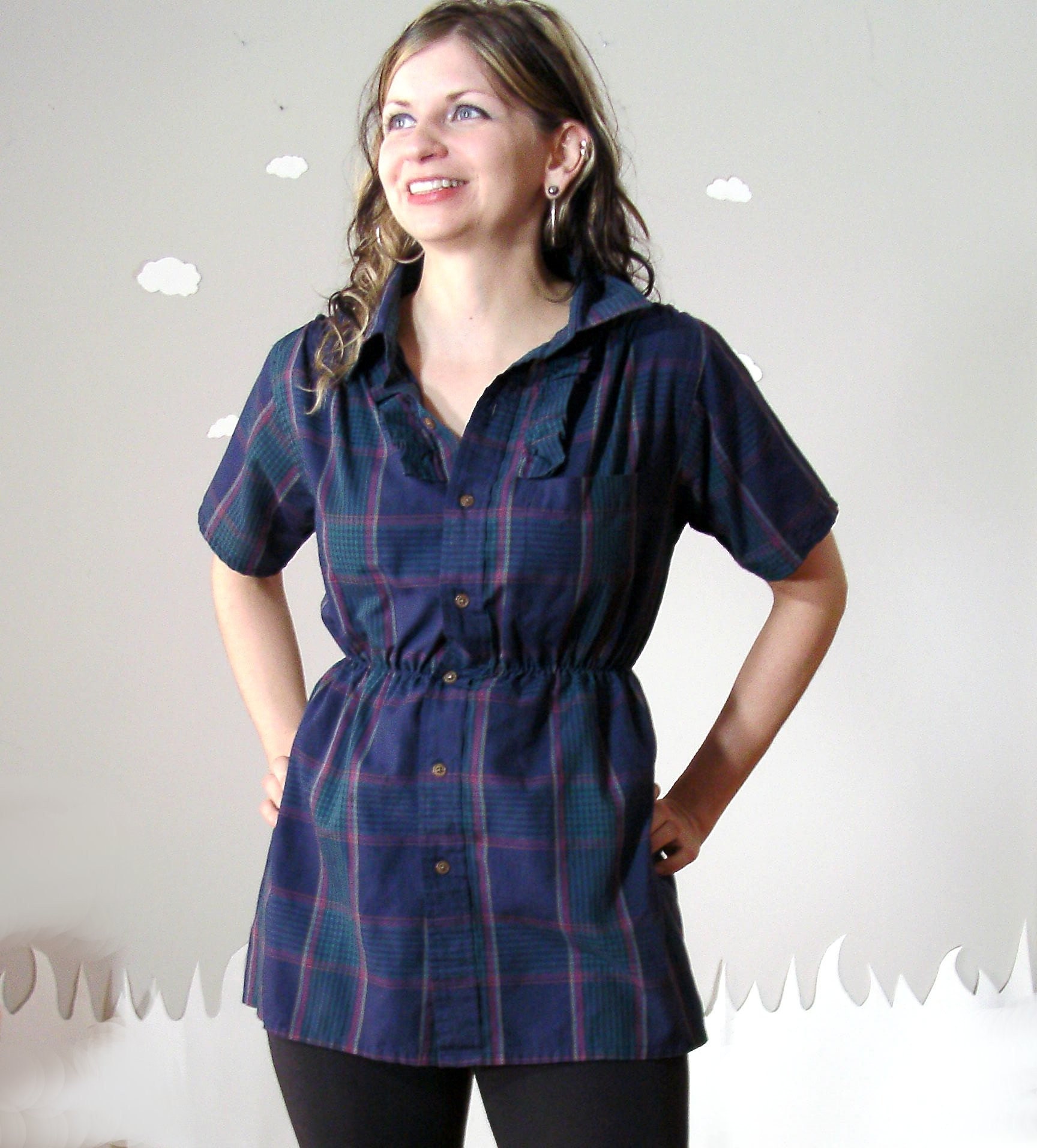 Custom shirt upcycled tunic plaid grunge soft made to order BLUE IN SEATTLE