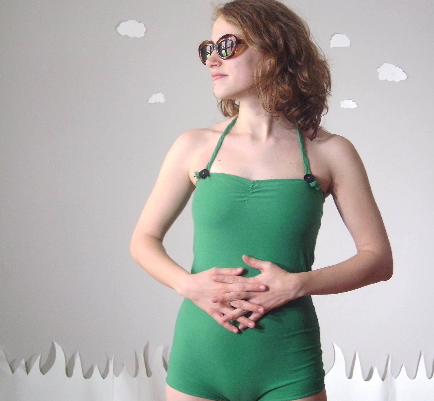 Retro swimsuit custom fit vintage inspired eco cotton bathing suit GREEN GIRL