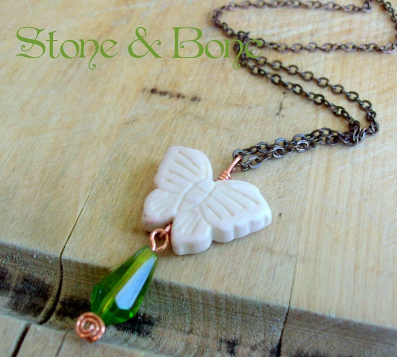 Woodland Butterfly Green & White Copper Necklace - Bohemian Jewelry - Rustic Antique Chain - stoneandbone