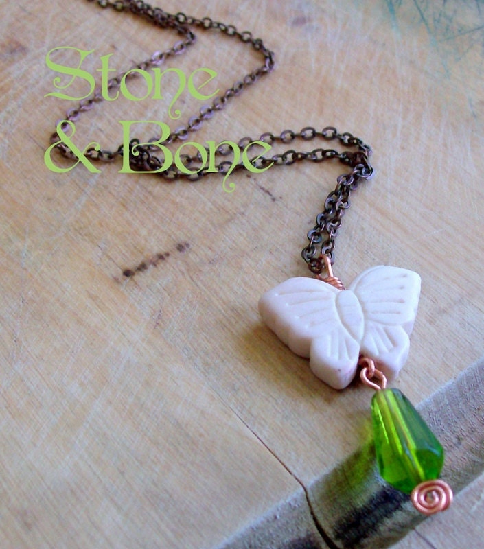 Butterfly Necklace with Antique Copper Chain - Insect Jewelry - Peace Love Joy - stoneandbone