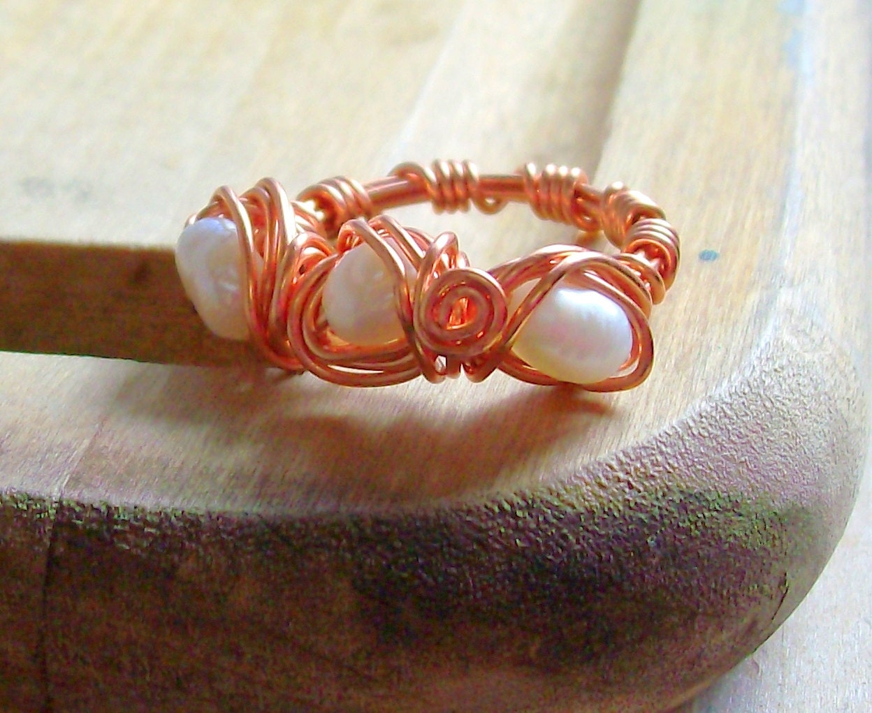 Autumn Pearl & Copper Ring - Bohemian - Rustic - Wire Wrapped - stoneandbone - Wedding