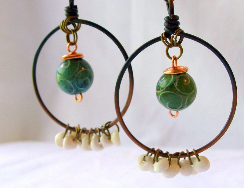 Puka Shell & Jade Copper Hoop Earrings - Rustic - Bohemian - stoneandbone - Tribal