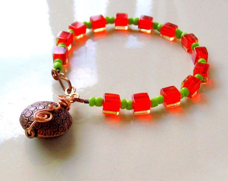 Autumn Orange & Green Copper Wire Wrapped Bracelet -