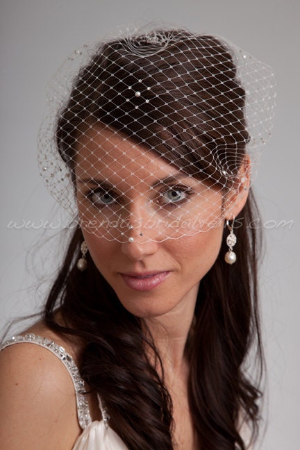 Bandeau Birdcage Veil, Rhinestone and Pearl Accent, Diamond Pattern, Bridal Veil, White, Diamond White, Ivory, Champagne, Black, More Colors