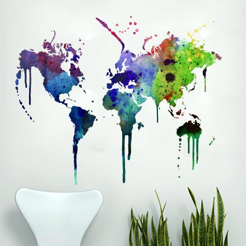 World map wall decal - Watercolor for housewares - decalSticker