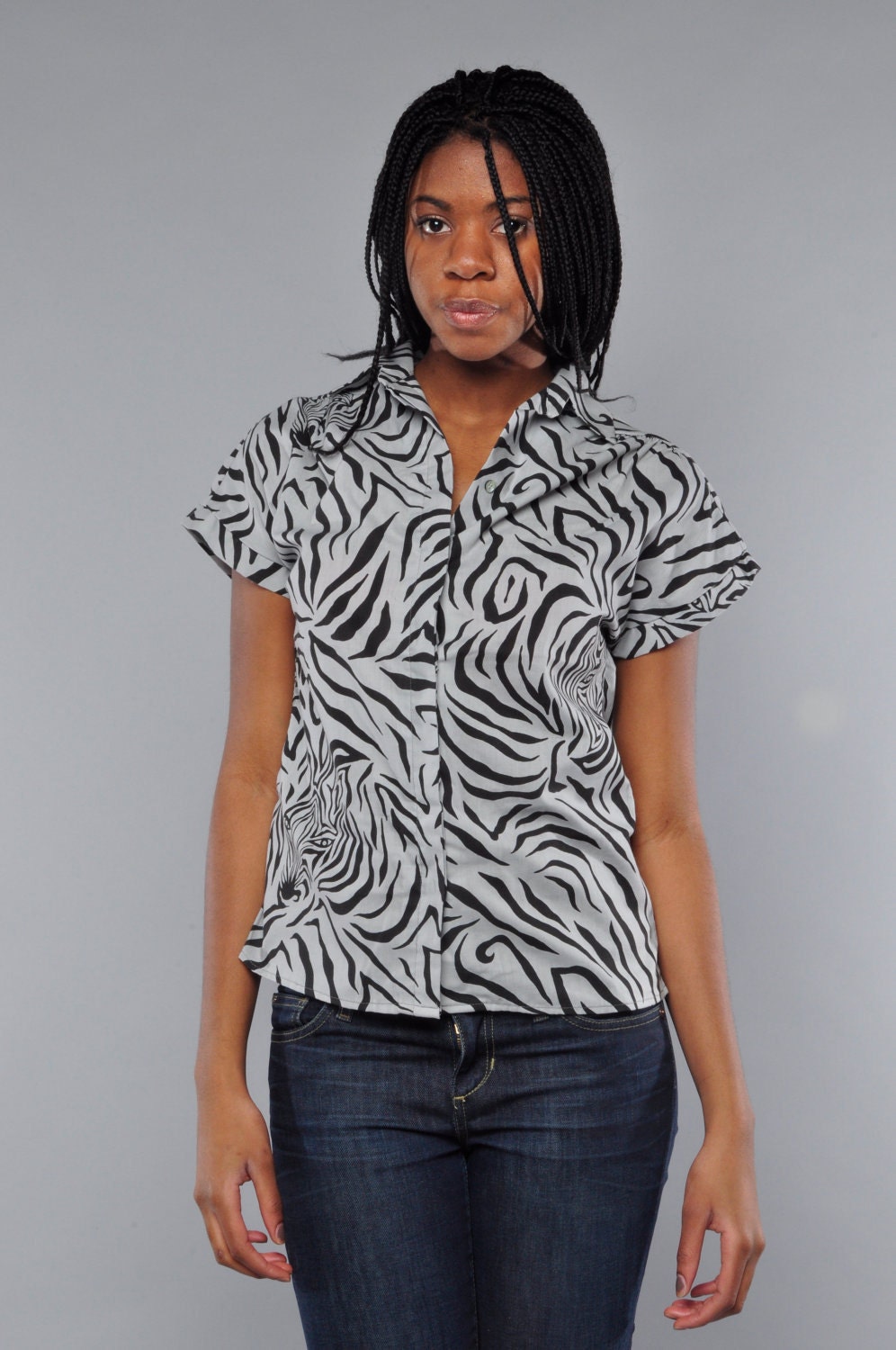 Vintage Hidden Zebra Stripe Top / 80's / M / Black & Grey
