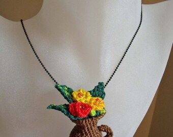 Crochet vase and picher and flowers pendant by FiBreRomance