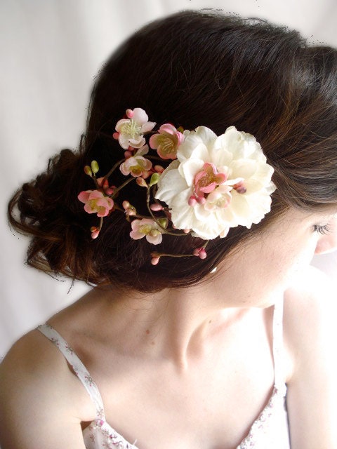 bridal flower hair clip, ivory wedding hair accessories, hair accessory, blush pink bridal headpiece - ETOLIA - cherry blossom hair clip - thehoneycomb