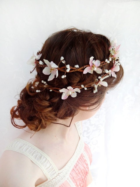 blush pink wedding hair flower wreath, bridal headpiece - SUGAR FROST - cherry blossom bridal hair accessory / flower girl headband