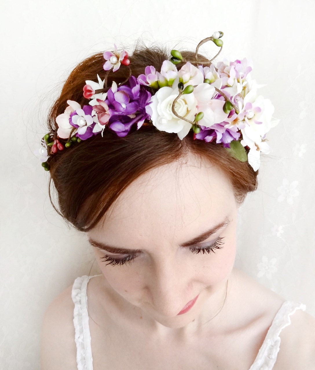 purple wildflower hair wreath, lilac bridal headpiece - WILD BEAUTY - rustic wedding, bridal hair accessories, floral crown